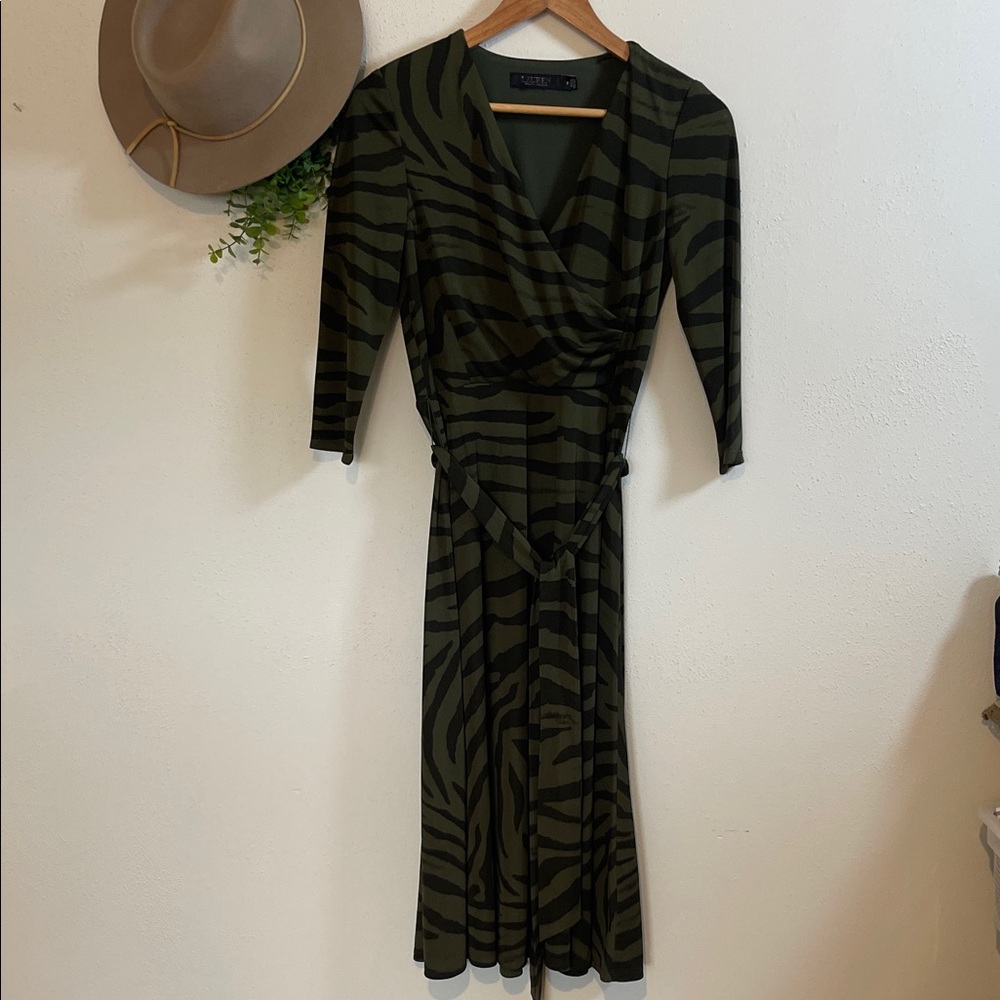 Lauren Ralph Lauren Green Zebra Print Surplice Midi Dress Women’s Sz 2